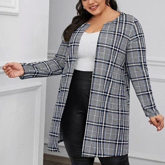 Jackets & Blazers - Collarless blazer long lightweight cardigan jacket coat plaid black white
